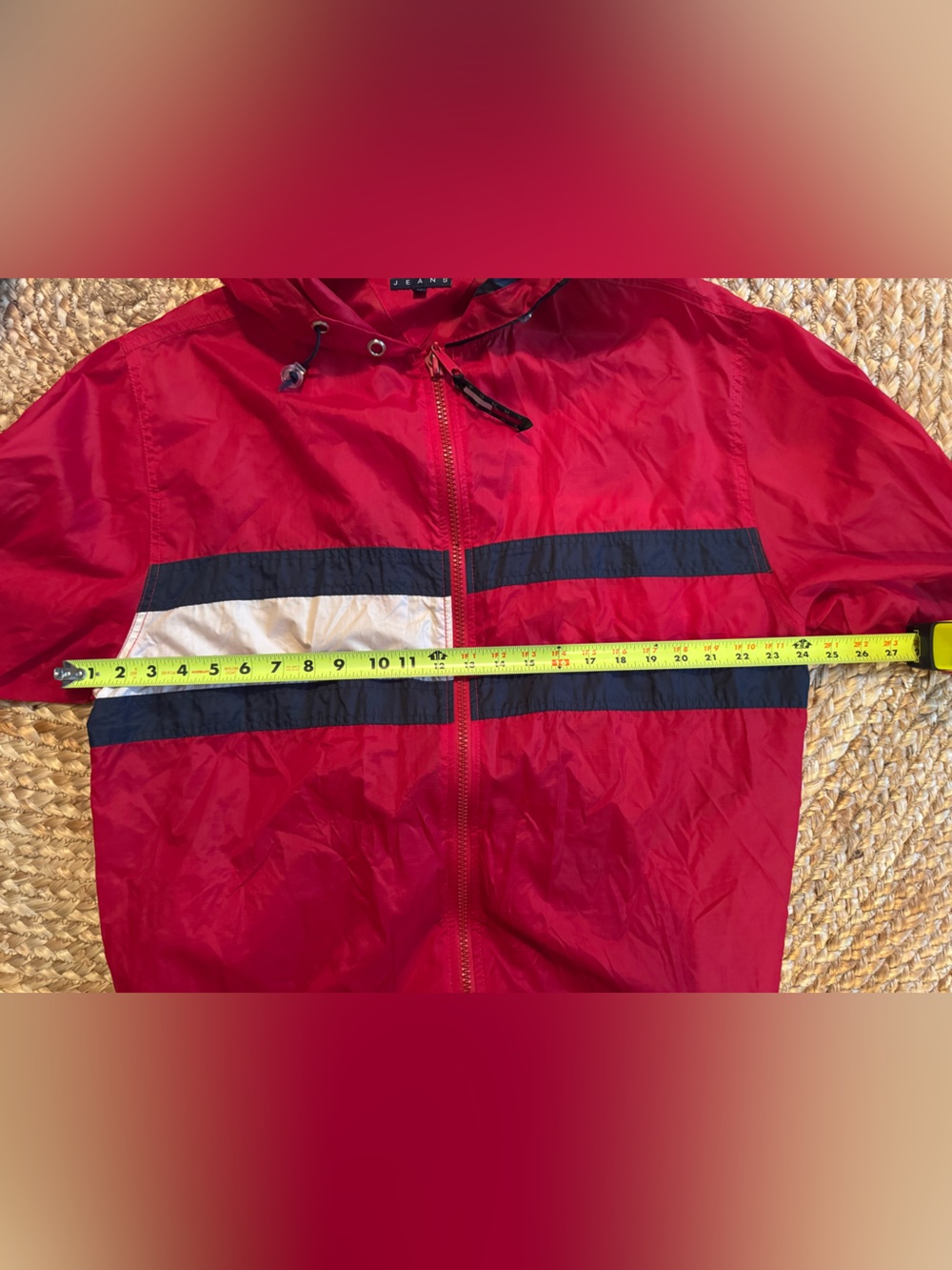 Vintage Tommy Hilfiger Red Hooded Windbreaker with Navy & White Stripes - Picture 6 of 7